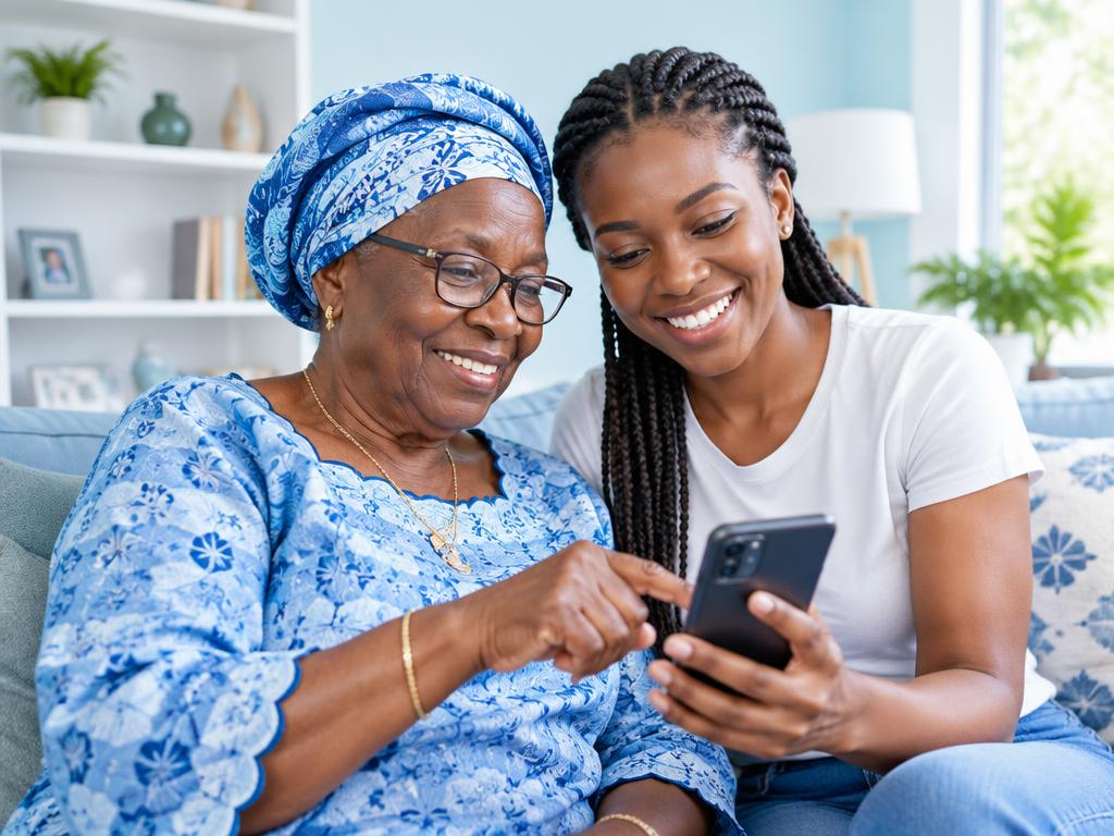 Illustrative image of an older woman learning smartphone skills with a younger woman