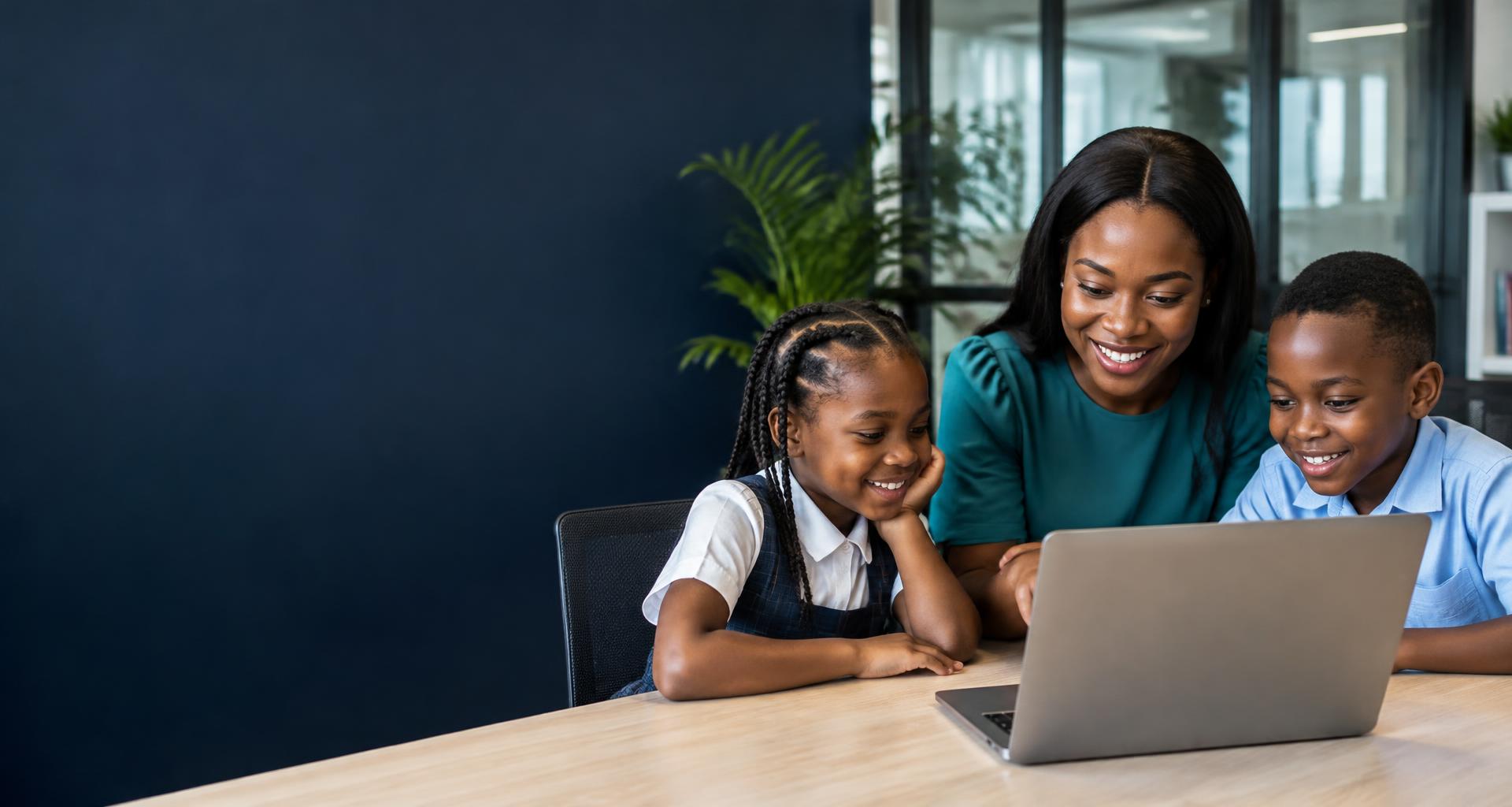 Illustration of a Nigerian educator and children exploring digital learning