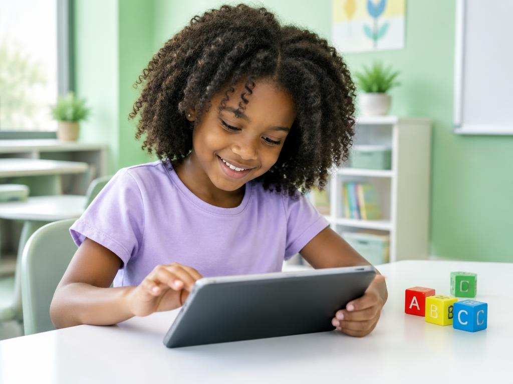 Illustrative image of a child practising reading with a tablet
